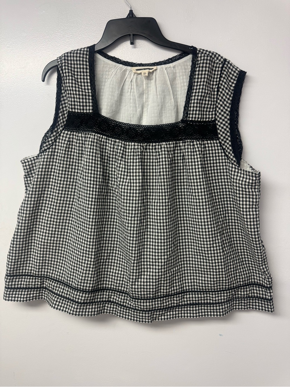 Lucky Brand Lace Trim Tank Top XXL Black Gingham Square Neck Cottagecore Boho - Picture 7 of 14
